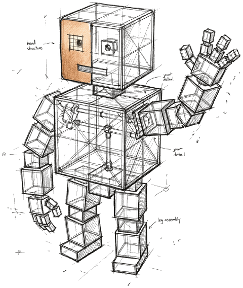 A boxy AI agent waves one hand, with handwritten notes labeling its head, joints and legs.