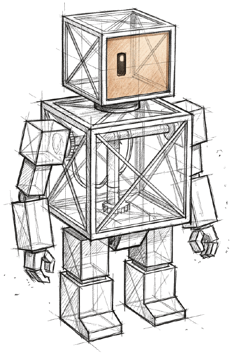 A boxy AI agent stands facing forward.