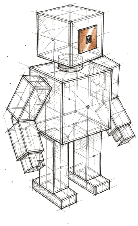 A boxy AI agent stands turned away and looks back over its shoulder.