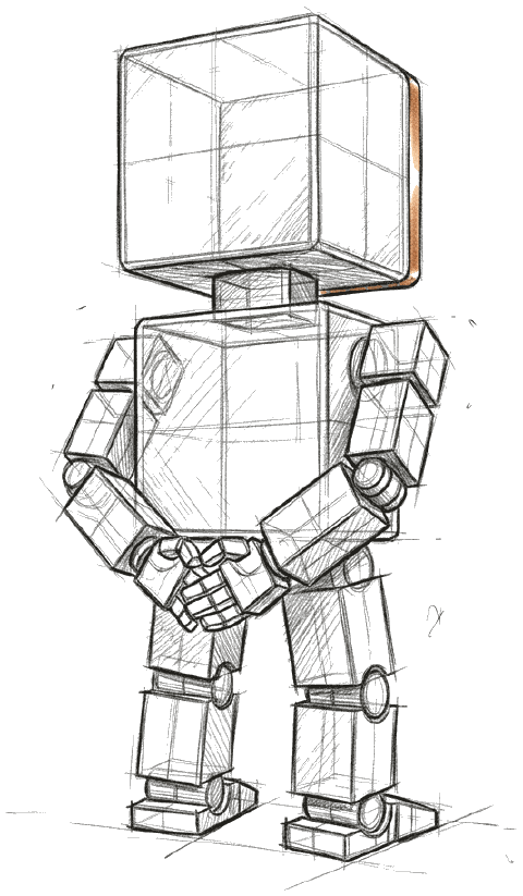 A boxy AI agent stands with its back to us and its hands clasped behind it.