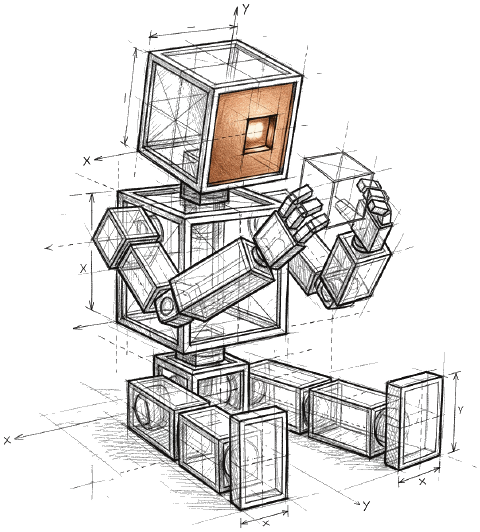 The AI agent, sitting and studying a small cube.