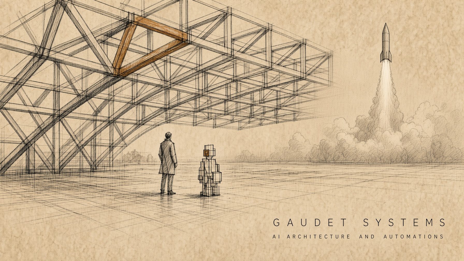 Lattice structure drawing with a launch rising in the distance
