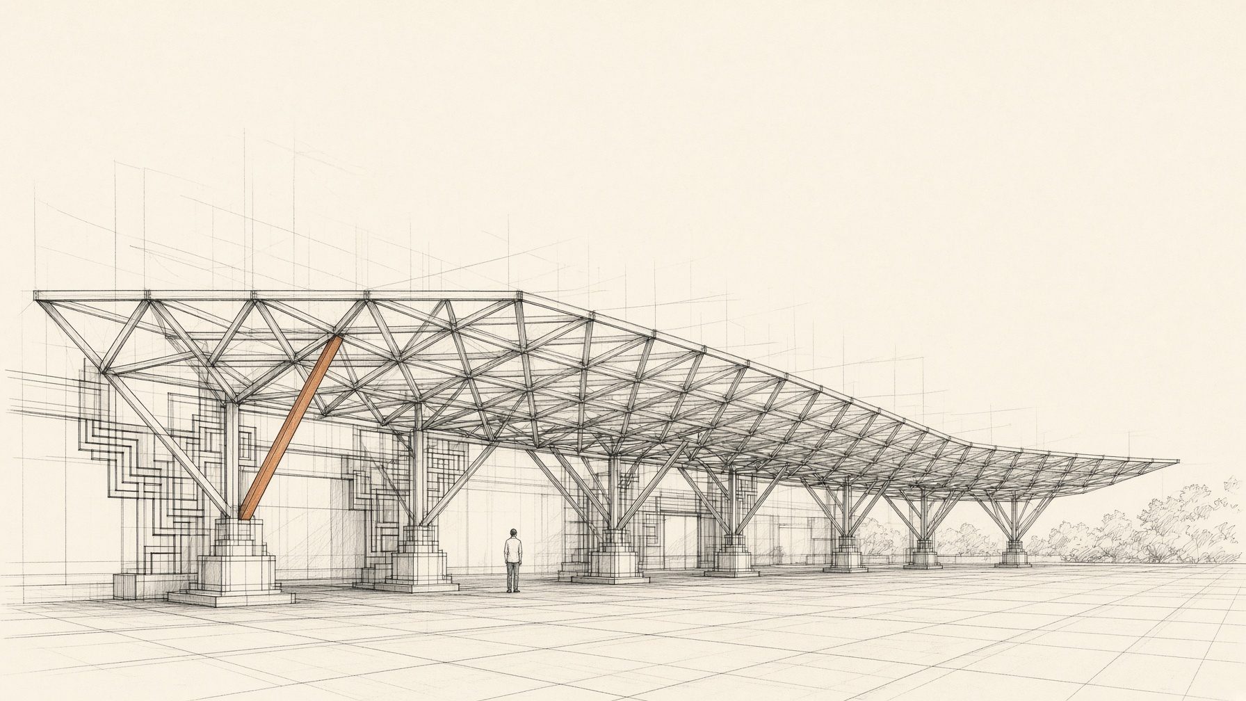 Long space frame structure drawing