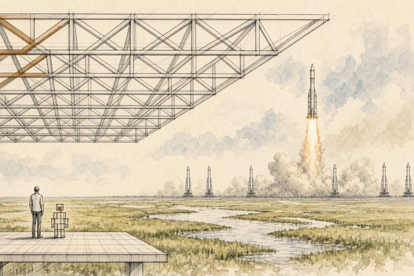 A person and an AI agent on a platform under a lattice canopy, looking across marshland toward a row of launch towers.