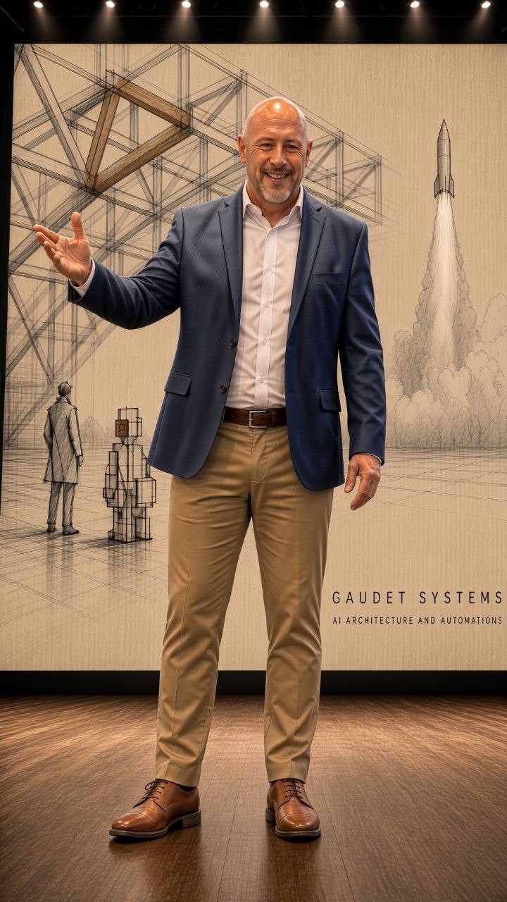 Rob Gaudet on stage, in front of the Gaudet Systems drawing of the lattice canopy, the AI agent and a launching rocket.